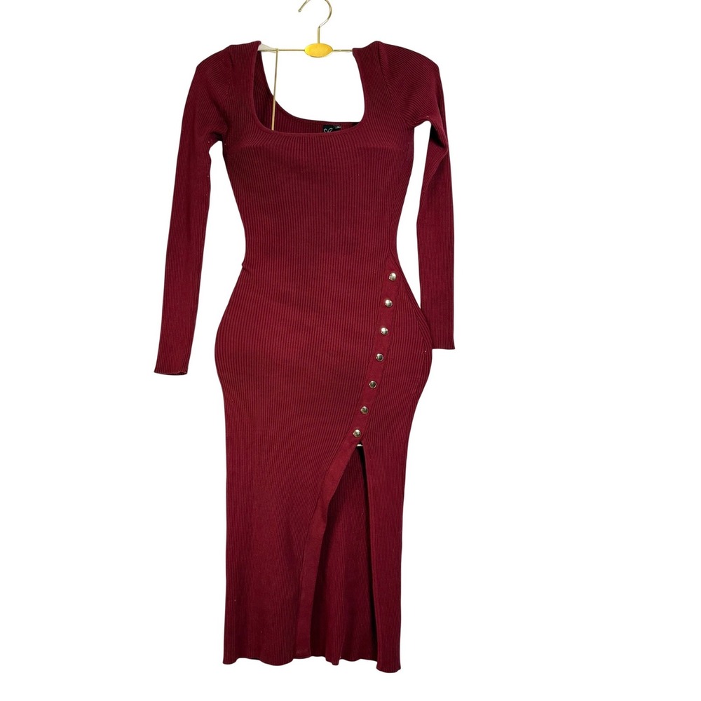 Windsor‎ Ribbed Square Neck Long Sleeve Button Slit Maxi Dress Burgundy Size S